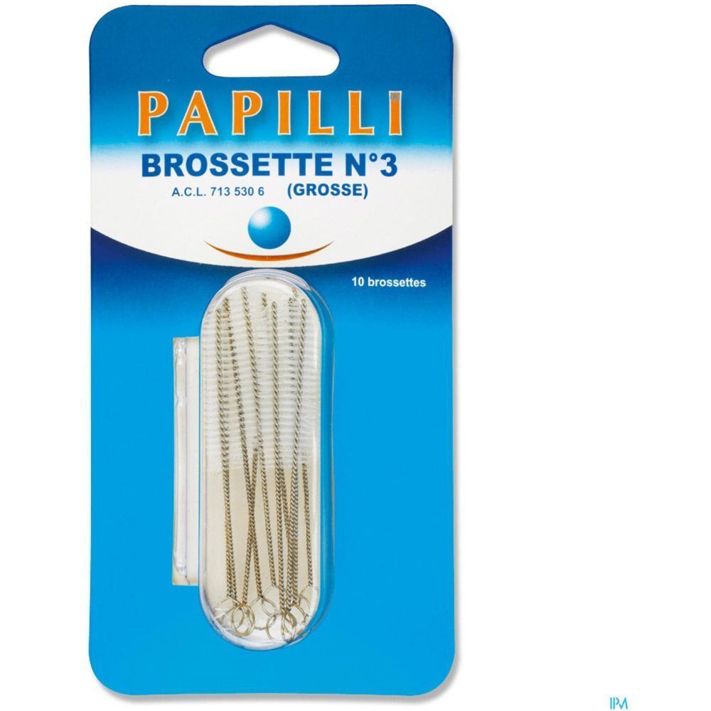 Brosses interdentaires en blister. Inscription: PAPILLI BROSSETTE N°3 (GROSSE), 10 brosses. Emballage bleu.