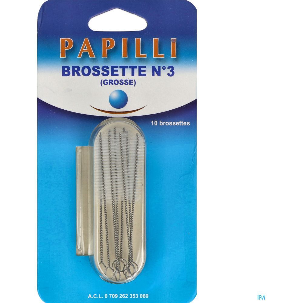 Brosses interdentaires en blister. Inscription: PAPILLI BROSSETTE N°3 (GROSSE), 10 brosses. Emballage bleu.