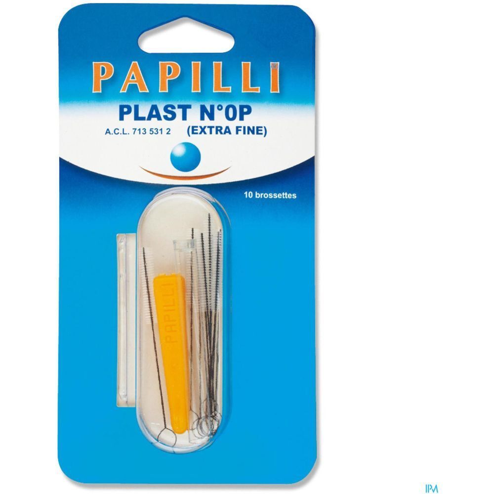 Blister pack de Papilli Plast, brossettes interdentaires extrafines. Contient 10 brossettes et un manche jaune.