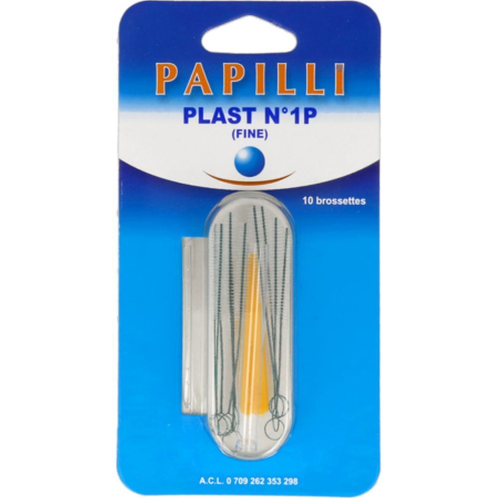 Blister de brossettes interdentaires Papilli Plast, fines. Contient 10 brossettes. Emballage bleu avec nom et détails du produit.