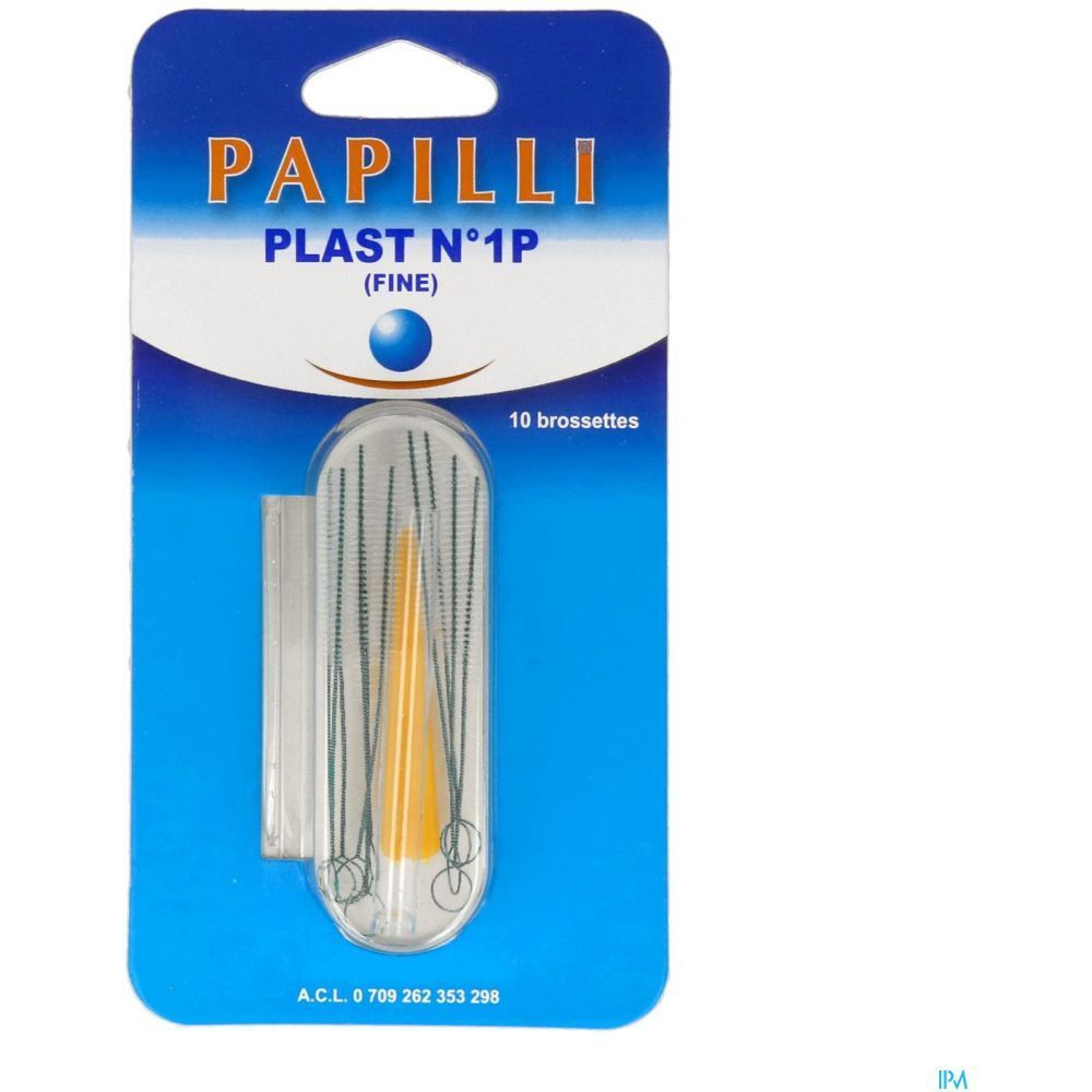 Blister de brossettes interdentaires Papilli Plast, fines. Contient 10 brossettes. Emballage bleu avec nom et détails du produit.