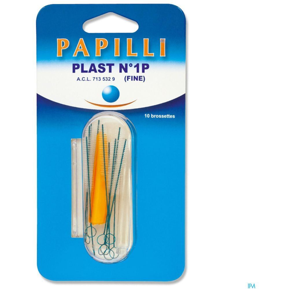 Blister de brossettes interdentaires Papilli Plast, fines. Contient 10 brossettes. Emballage bleu avec nom et détails du produit.
