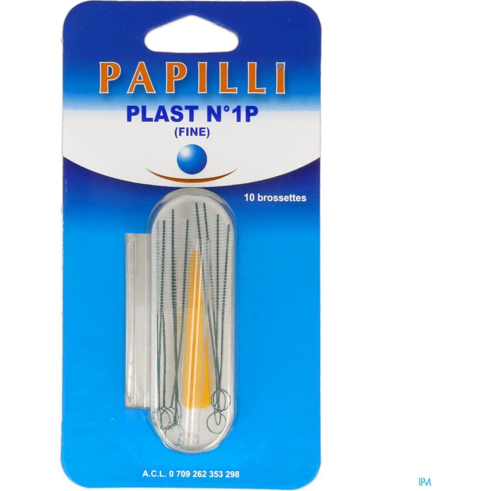 Blister de brossettes interdentaires Papilli Plast, fines. Contient 10 brossettes. Emballage bleu avec nom et détails du produit.
