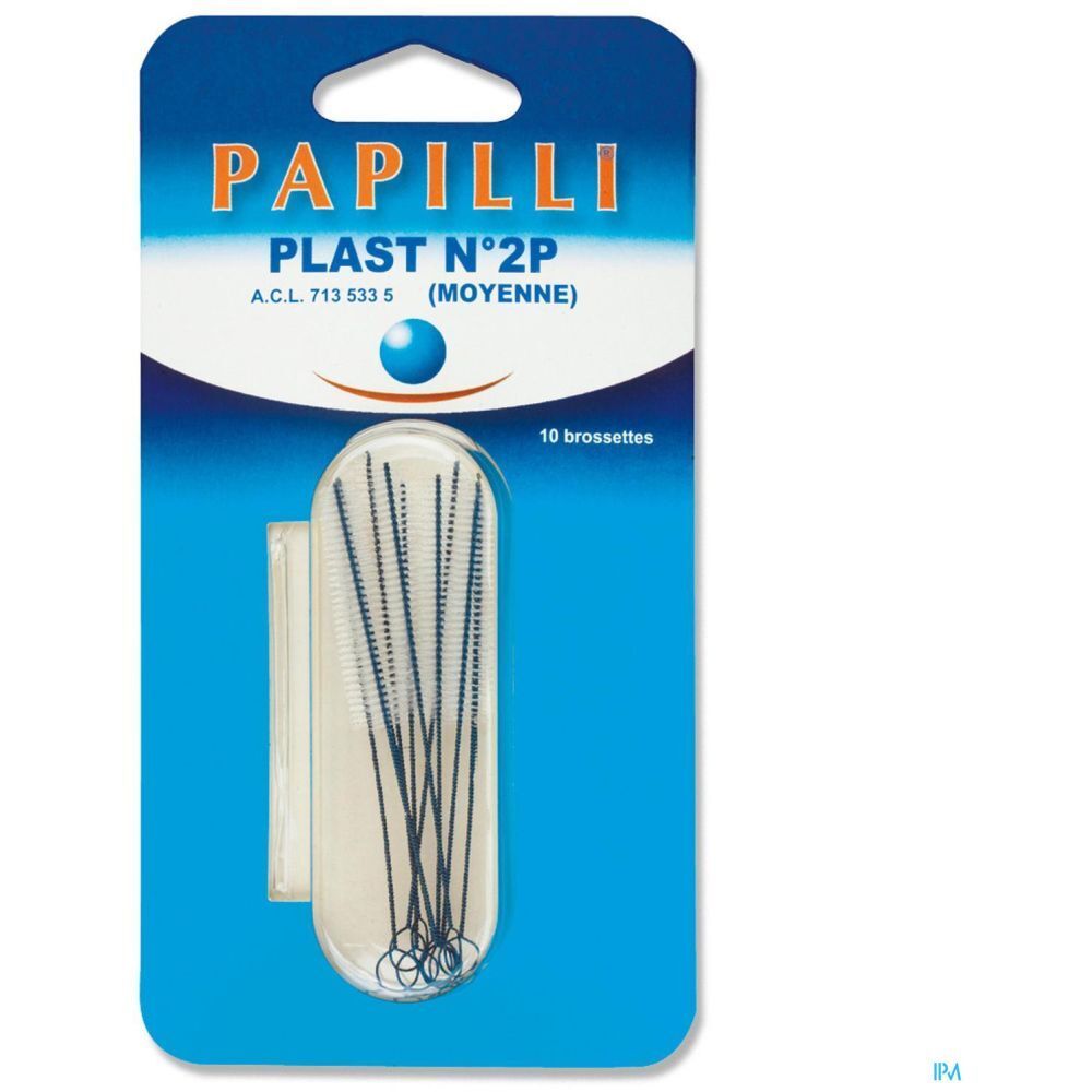Paquet de brossettes interdentaires. Soies bleues, support transparent. Nom et taille du produit sur l'emballage.