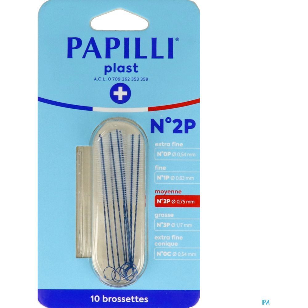 Emballage de brossettes interdentaires. Soies bleues, support transparent. Nom et taille du produit sur l'emballage.