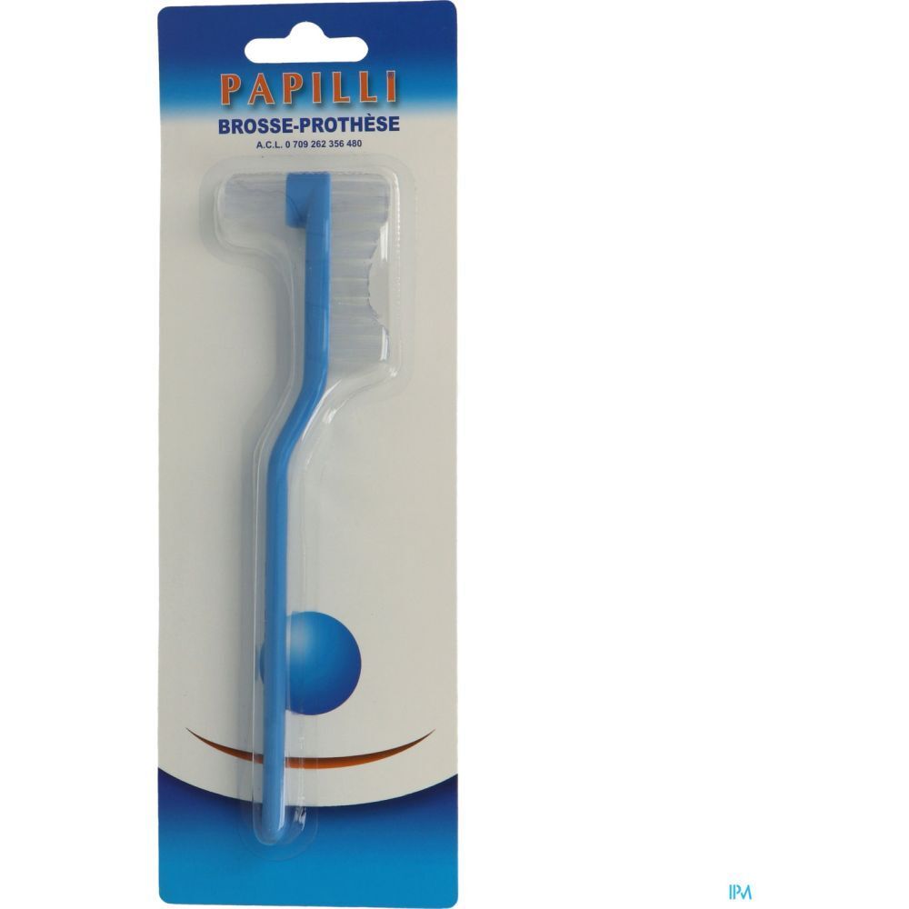 Brosse à prothèse bleue dans son emballage. Forme courbée avec tête et manche. Marque PAPILLI.