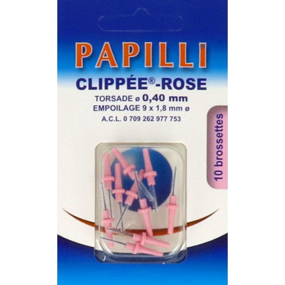 Paquet de brossettes interdentaires roses Papilli Clippée-Rose. Contient 10 pièces. Diamètre 0,40 mm, Empoilage 9 x 1,8 mm.