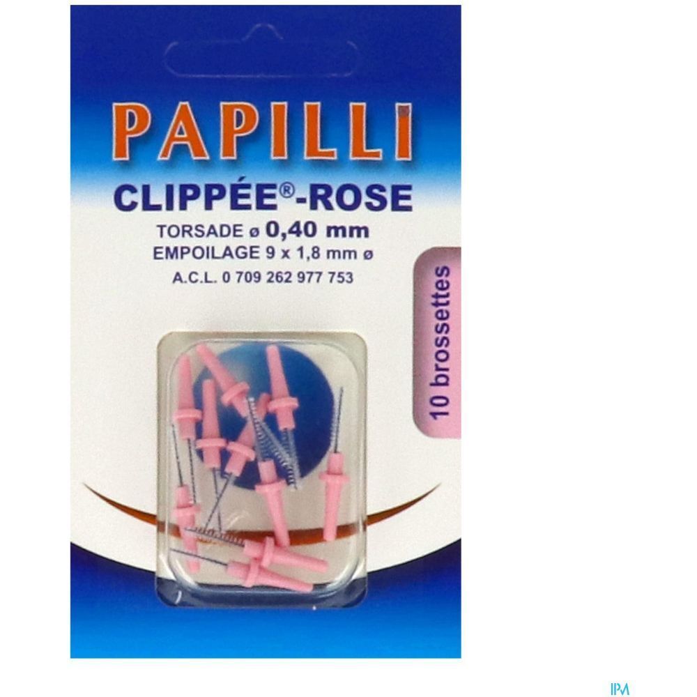 Paquet de brossettes interdentaires roses Papilli Clippée-Rose. Contient 10 pièces. Diamètre 0,40 mm, Empoilage 9 x 1,8 mm.