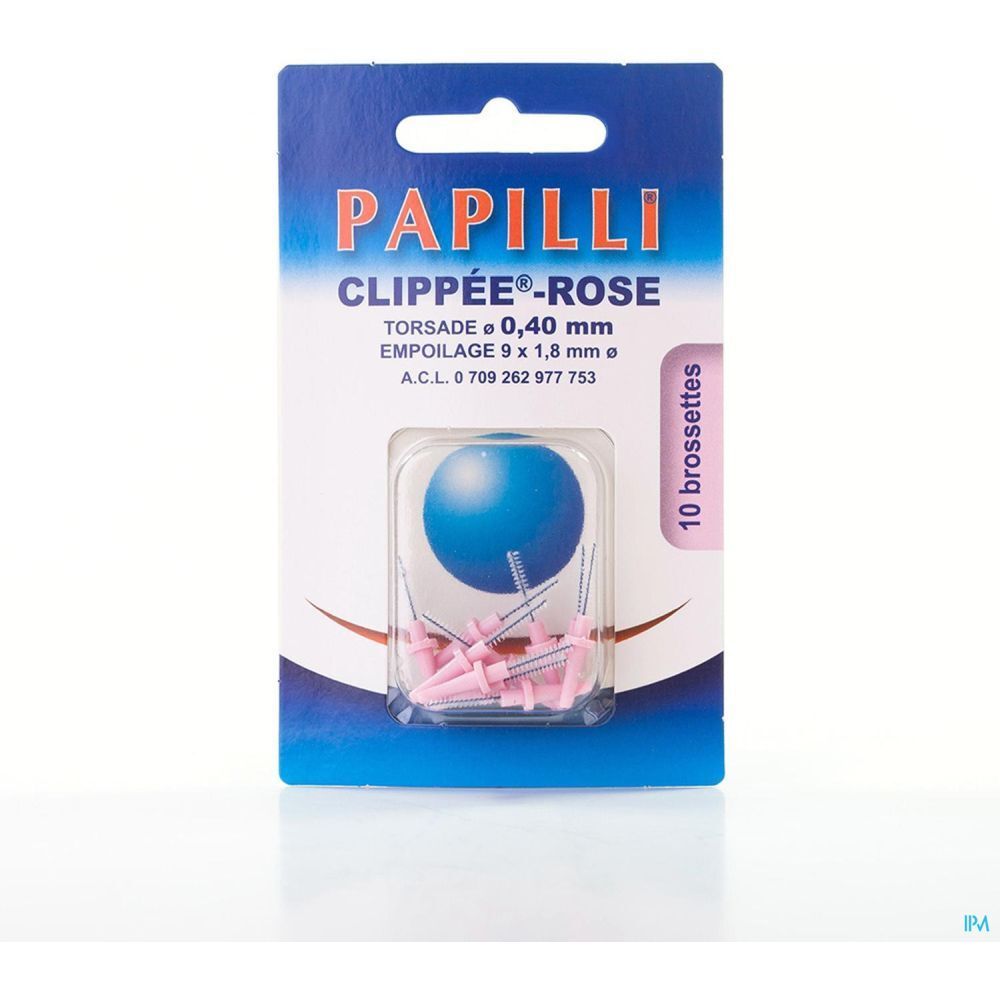 Paquet de brossettes interdentaires roses Papilli Clippée-Rose. Contient 10 pièces. Diamètre 0,40 mm, Empoilage 9 x 1,8 mm.