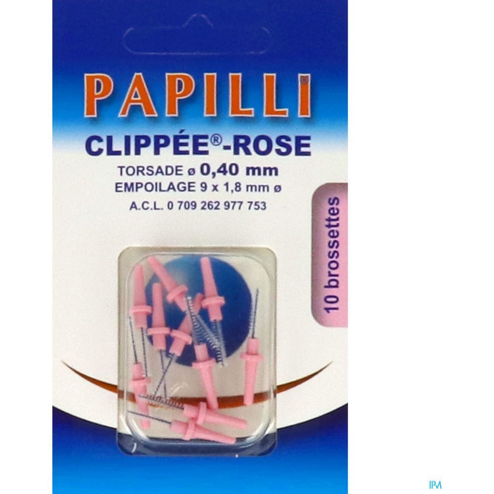 Paquet de brossettes interdentaires roses Papilli Clippée-Rose. Contient 10 pièces. Diamètre 0,40 mm, Empoilage 9 x 1,8 mm.