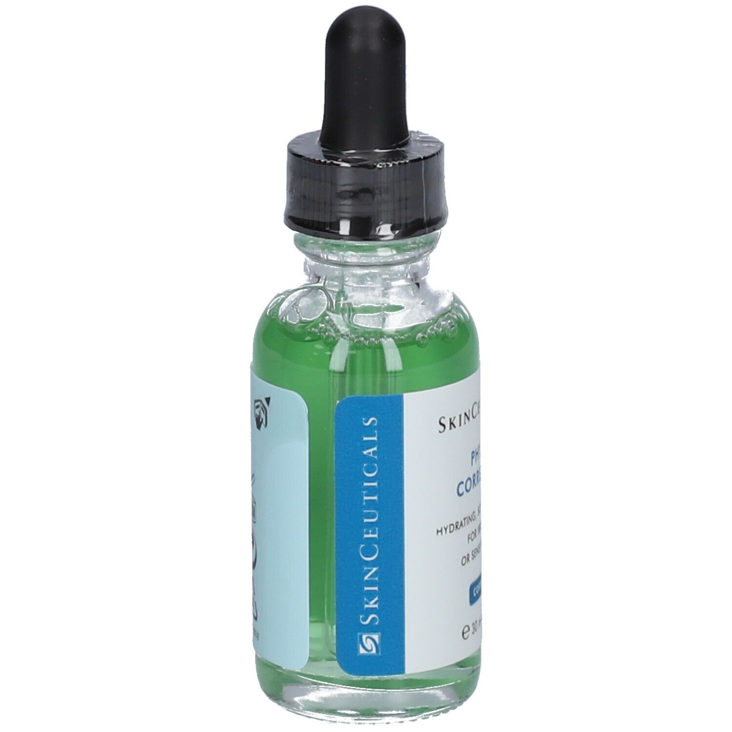 Flacon en verre avec compte-gouttes noir. Inscription : SkinCeuticals Phyto Corrective, hydratant, apaisant. Liquide vert visible.