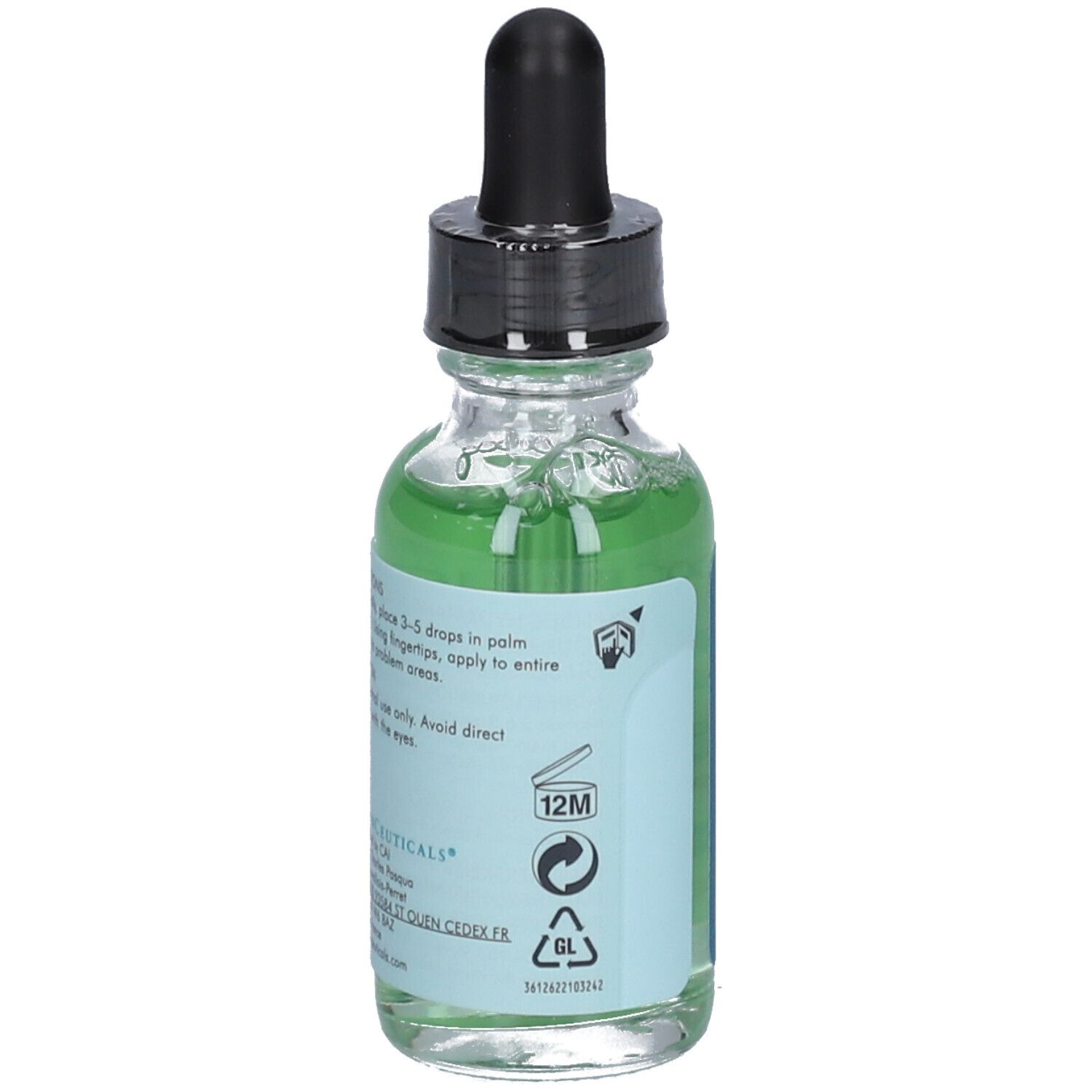 Flacon en verre avec compte-gouttes noir. Inscription : SkinCeuticals Phyto Corrective, hydratant, apaisant. Dos avec informations.