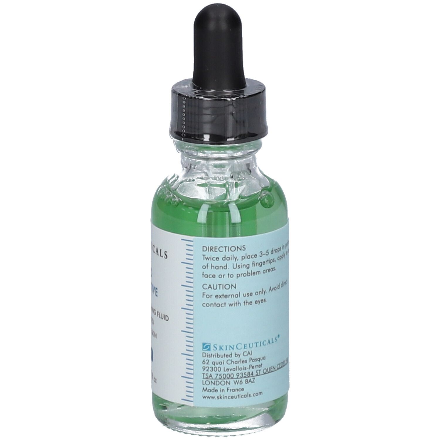 Flacon en verre avec compte-gouttes noir. Inscription : SkinCeuticals Phyto Corrective, hydratant, apaisant. Dos avec instructions.