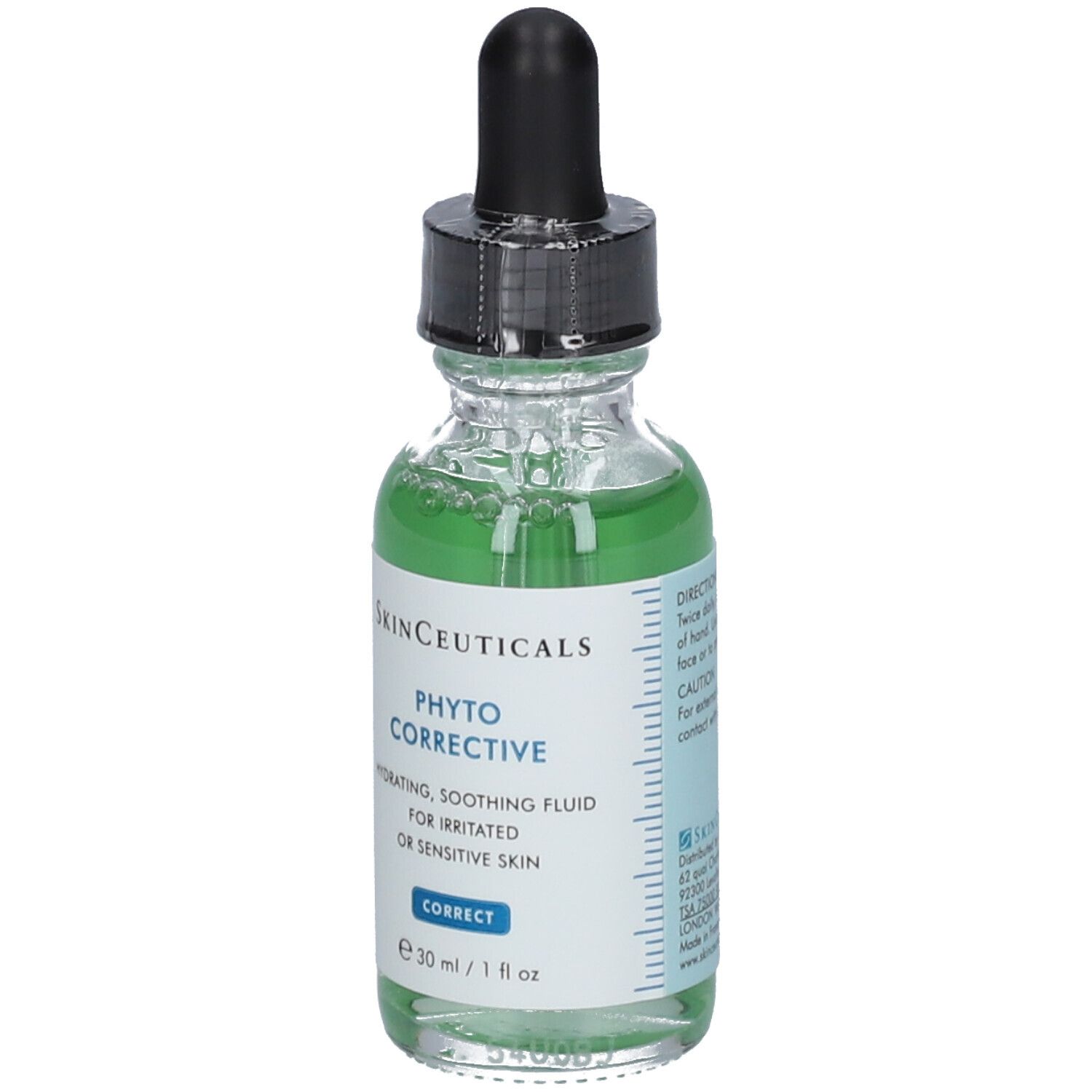 Flacon en verre avec compte-gouttes noir. Inscription : SkinCeuticals Phyto Corrective, hydratant, apaisant. Liquide vert visible.