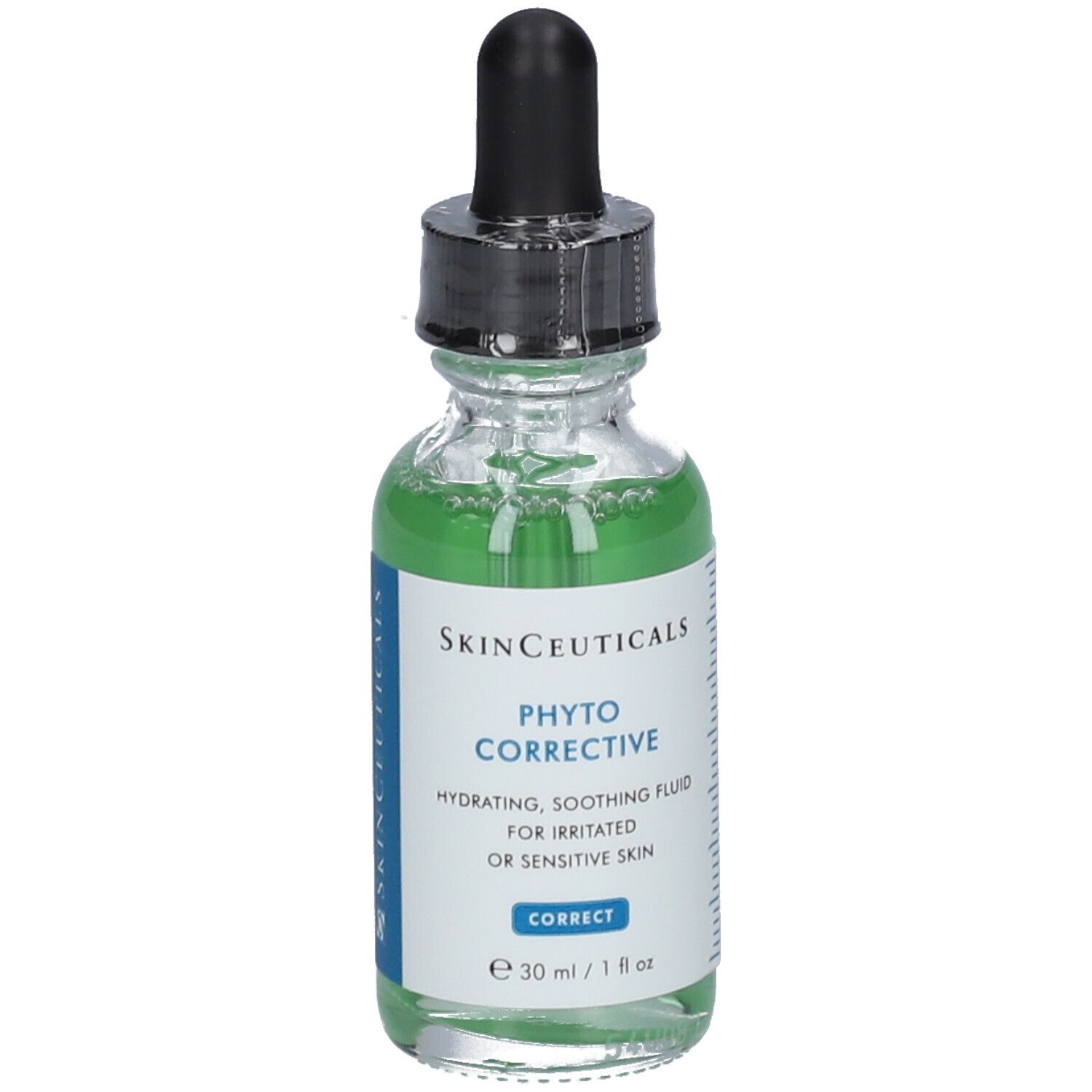 Flacon en verre avec compte-gouttes noir. Inscription : SkinCeuticals Phyto Corrective, hydratant, apaisant. Liquide vert visible.