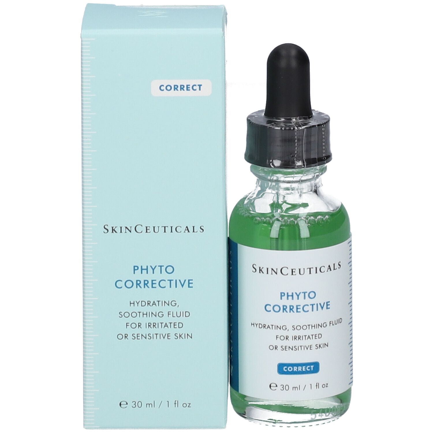 Flacon en verre et boîte. Inscription : SkinCeuticals Phyto Corrective, hydratant, apaisant. Liquide vert visible.