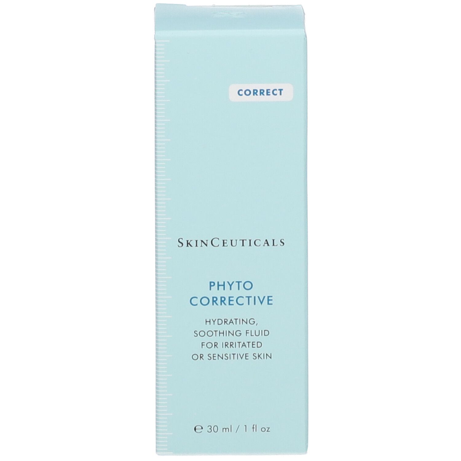 Boîte. Inscription : SkinCeuticals Phyto Corrective, hydratant, apaisant. Échelle sur le côté.