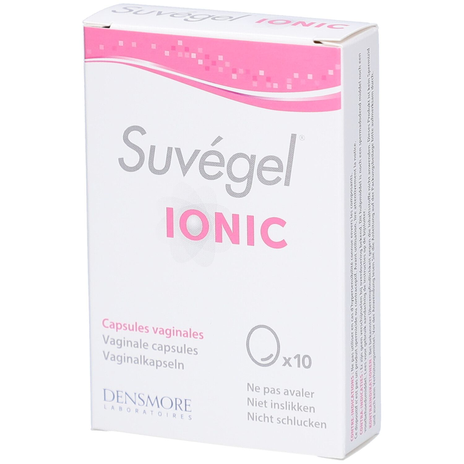 Boîte 'Suvégel Ionic'. 10 capsules vaginales. 'Densmore Laboratoires'. Ne pas avaler.