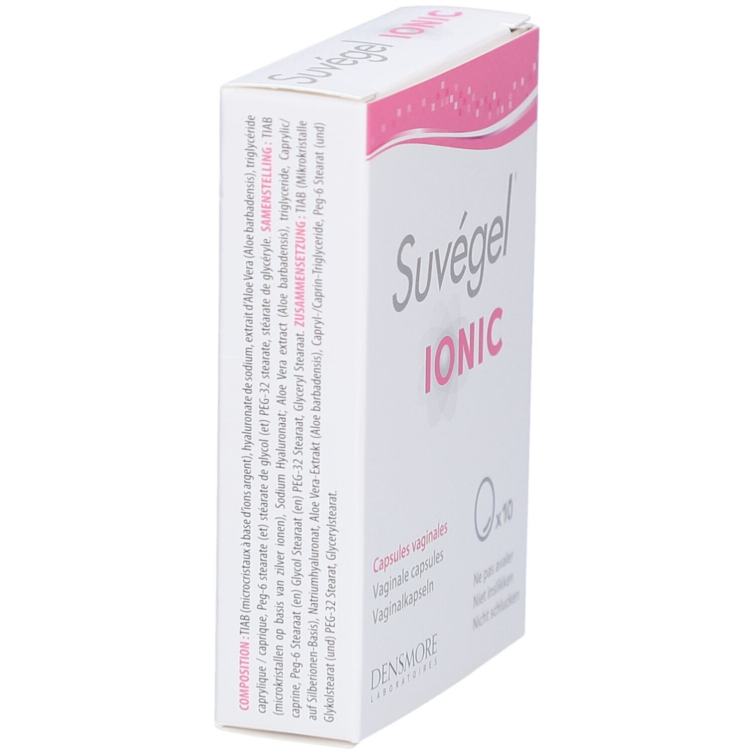 Boîte 'Suvégel Ionic'. 10 capsules vaginales. 'Densmore Laboratoires'. Ne pas avaler.