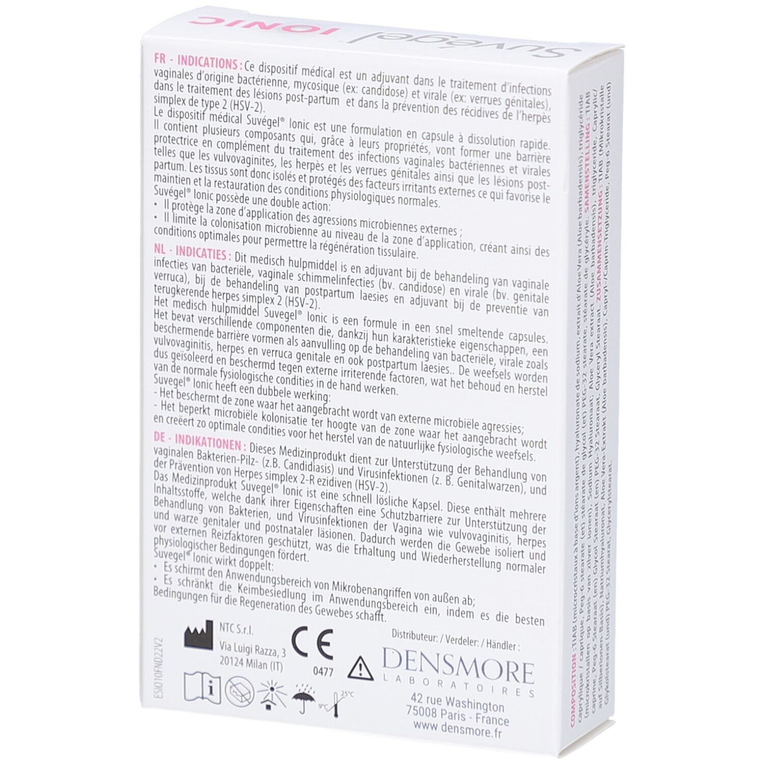 Dos de la boîte 'Suvégel Ionic'. Texte et informations. 'Densmore Laboratoires'.