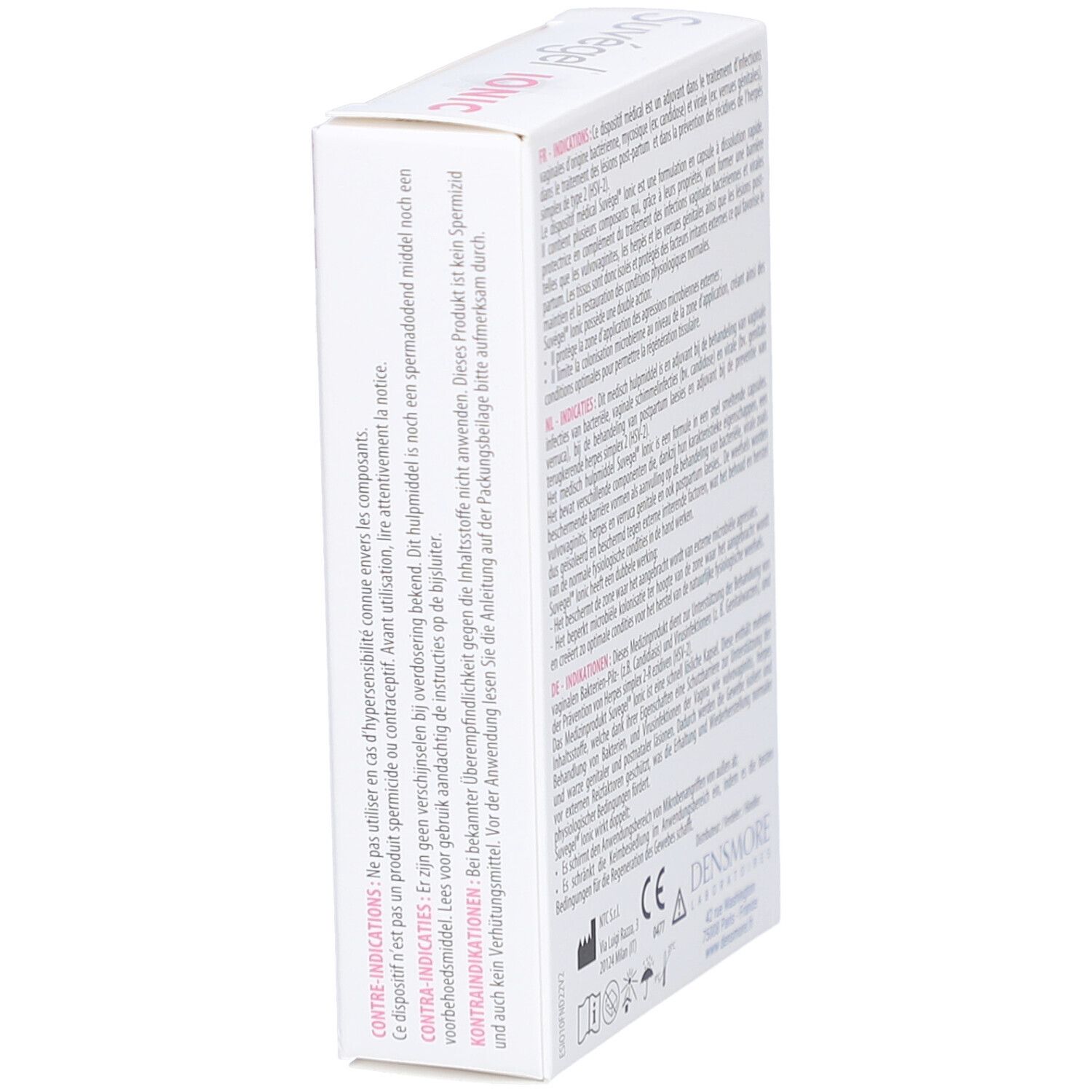 Côté de la boîte 'Suvégel Ionic'. Texte et informations. 'Densmore Laboratoires'.