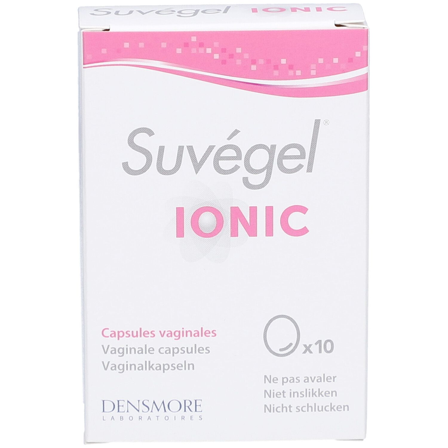 Boîte 'Suvégel Ionic'. 10 capsules vaginales. 'Densmore Laboratoires'. Ne pas avaler.