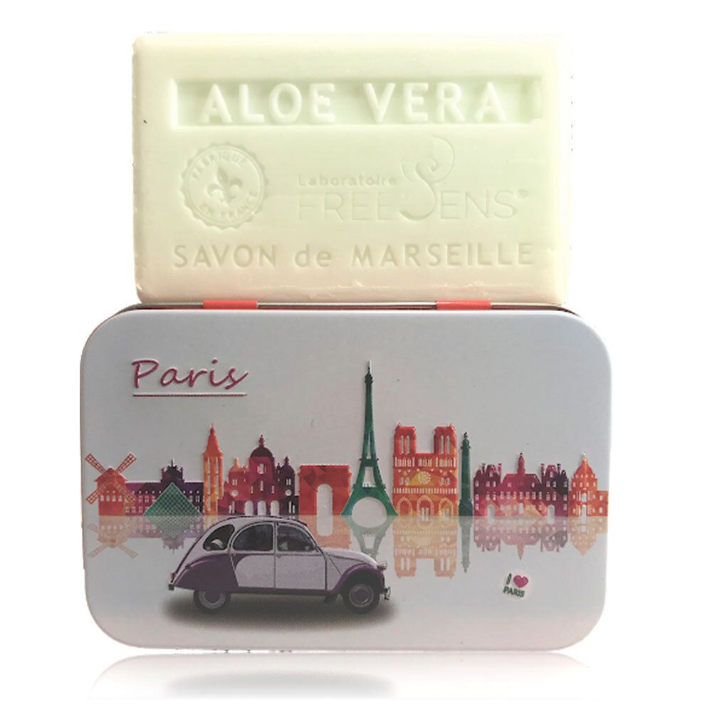 Savon rectangulaire avec inscription Aloe Vera et Savon de Marseille. Boîte rectangulaire avec motif Paris.