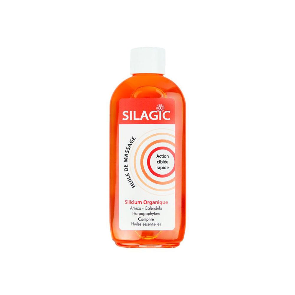 Huile de massage Silagic : Liquide orange dans une bouteille transparente avec bouchon blanc. Étiquette avec accents rouges et blancs.