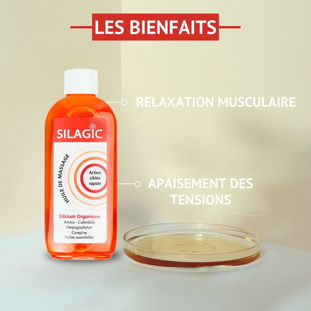 Bouteille d'huile de massage Silagic et une boîte de Pétri avec de l'huile. Texte français : 'Les Bienfaits', 'Relaxation Musculaire', 'Apaisement des Tensions'.