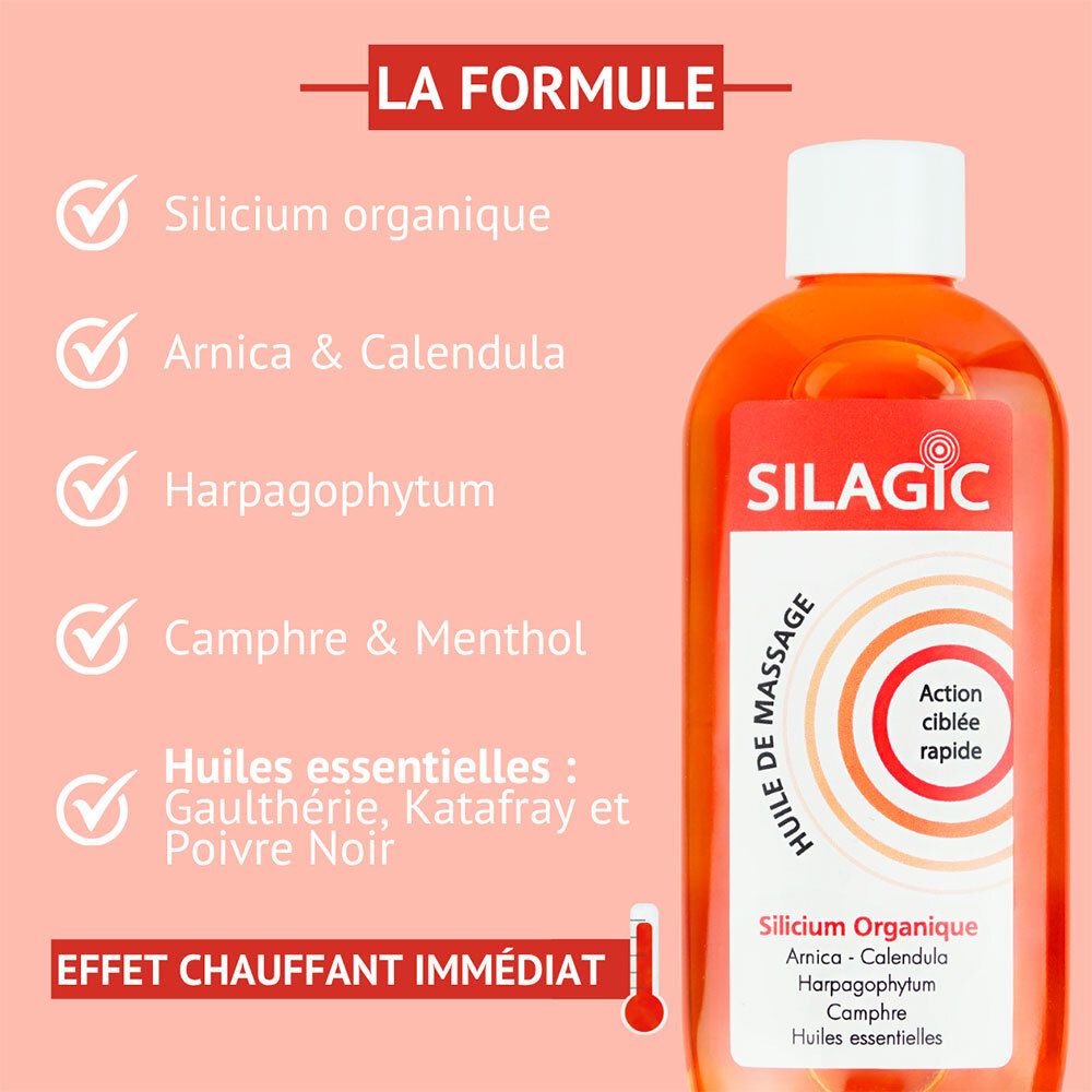Bouteille d'huile de massage Silagic avec liste détaillée des ingrédients en français, incluant 'Silicium Organique', 'Arnica & Calendula'.