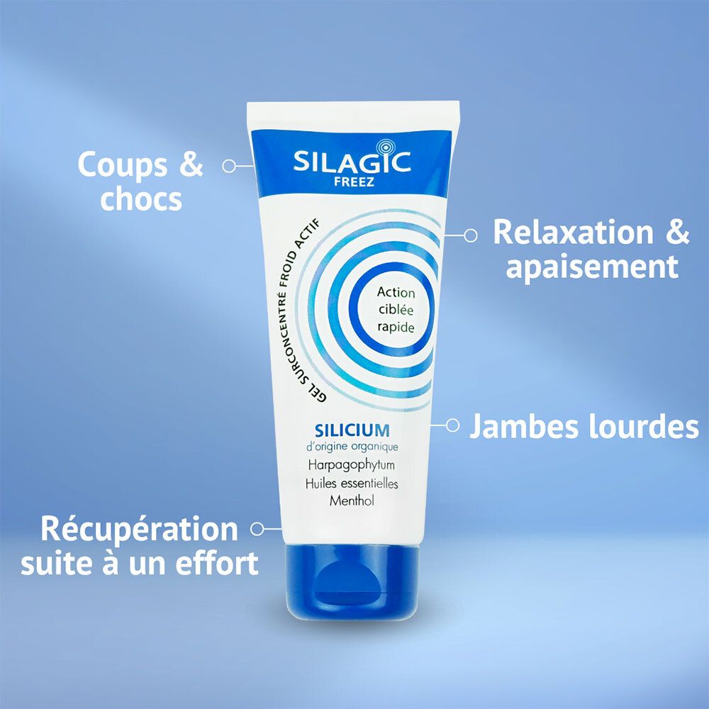 Tube de Gel Silagic Freez avec texte indiquant les zones d'application comme 'Coups & chocs' et 'Jambes lourdes'.