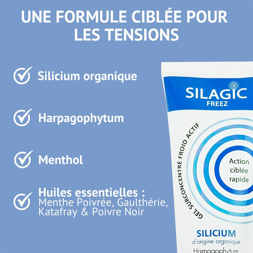 Tube de Gel Silagic Freez avec liste des ingrédients tels que Silicium, Harpagophytum et Menthol.