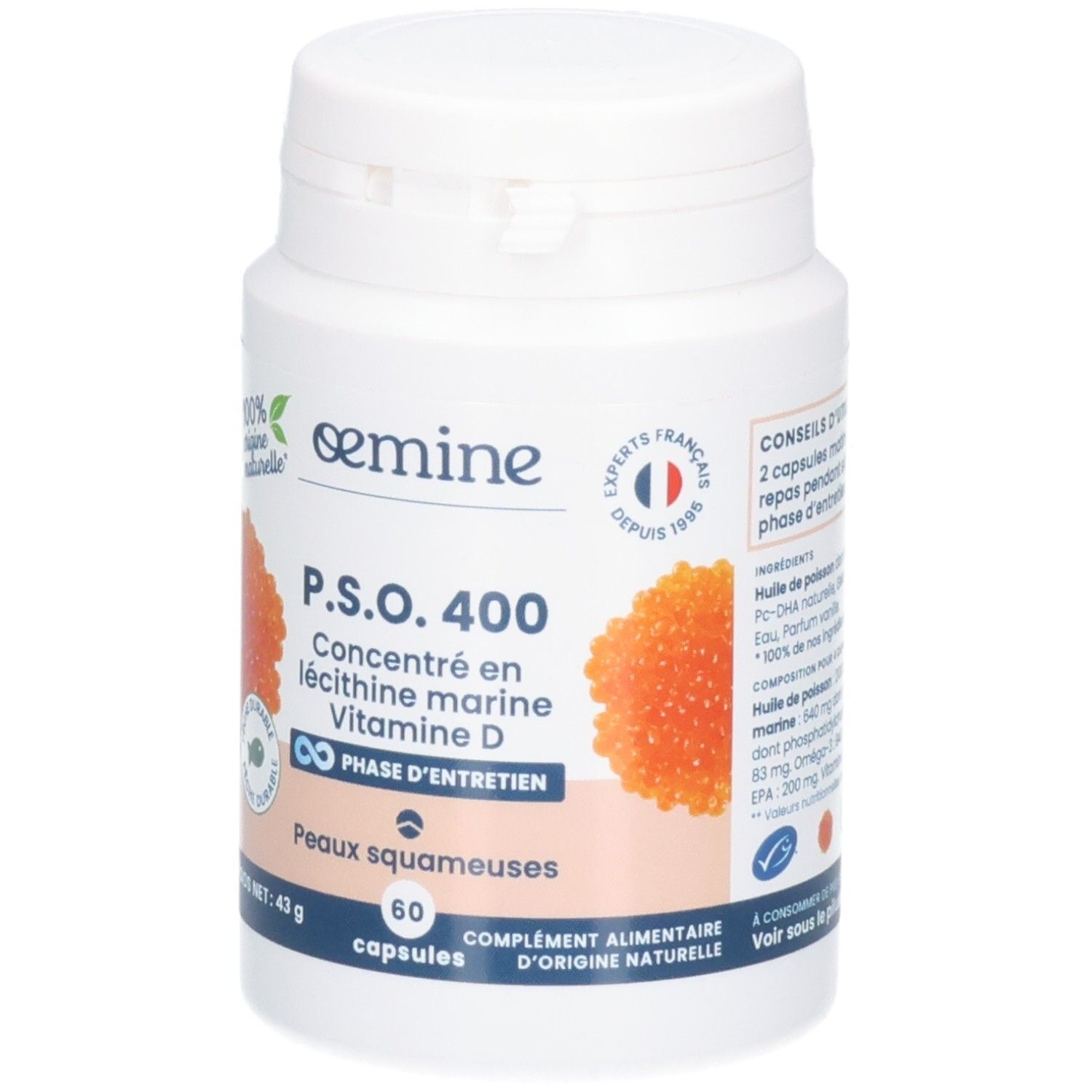 Avant d'un pot blanc Oemine P.S.O. 400, concentré en lécithine marine et vitamine D.