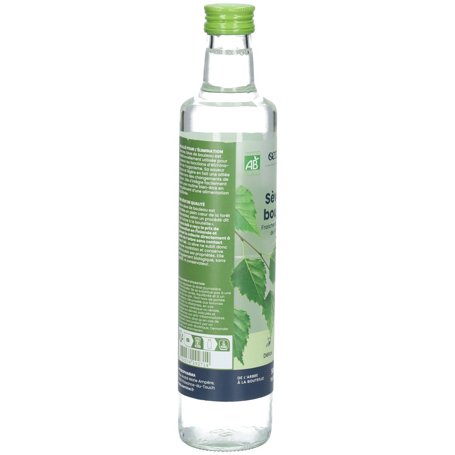 Arrière d'une bouteille en verre d'eau de bouleau, étiquette avec informations détaillées et logos bio.