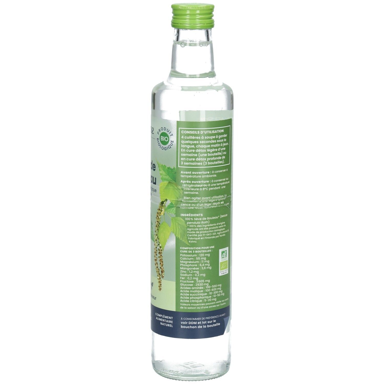 Arrière d'une bouteille en verre d'eau de bouleau, étiquette avec informations détaillées, ingrédients et logos bio.