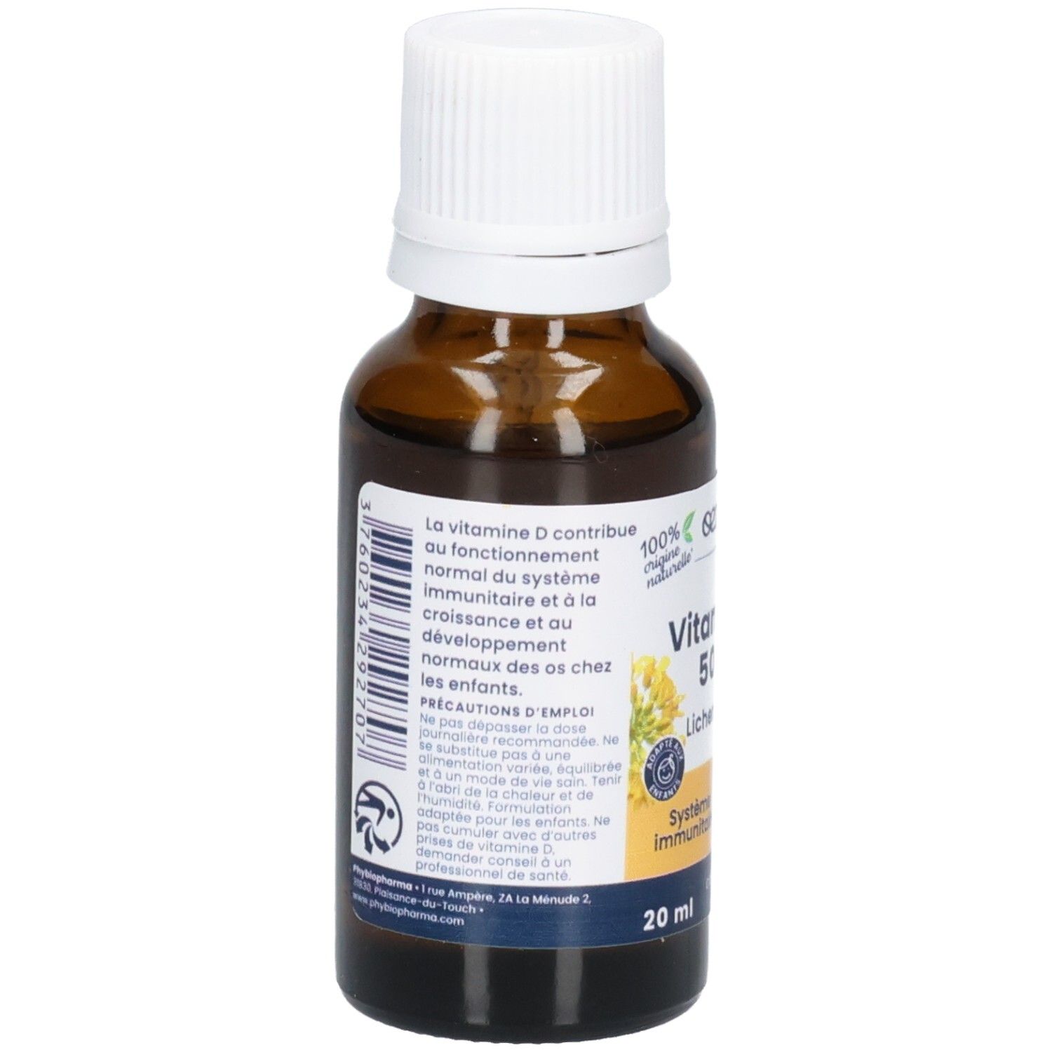 Arrière d'un flacon de Vitamine D3 500 UI avec instructions d'utilisation et ingrédients.