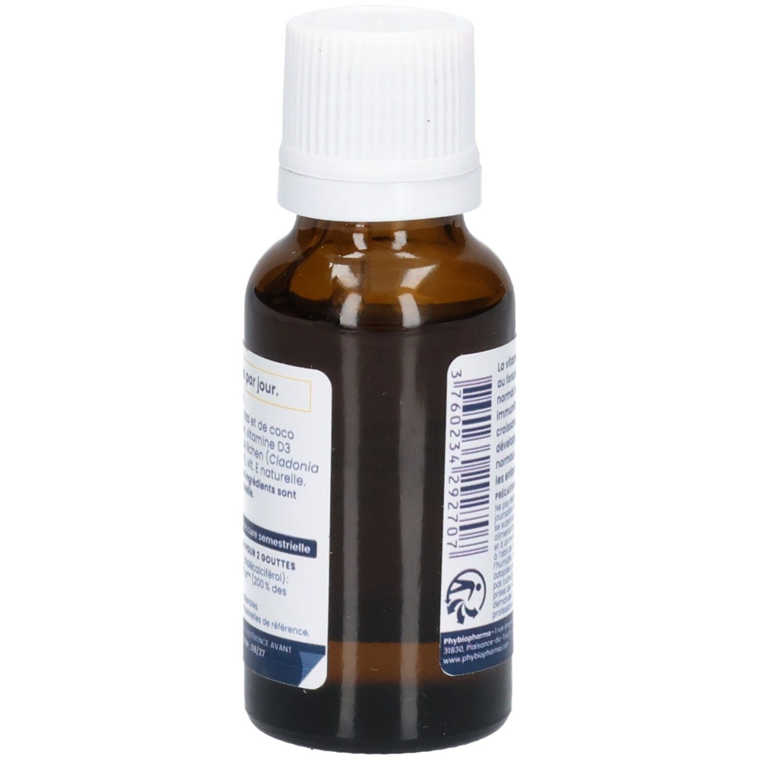 Côté d'un flacon de Vitamine D3 500 UI avec code-barres et informations produit.