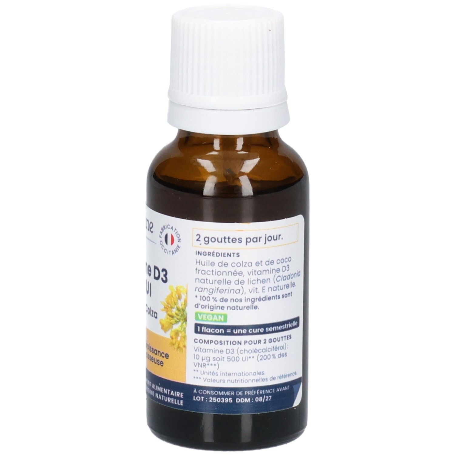 Arrière d'un flacon de Vitamine D3 500 UI avec liste des ingrédients et sceau vegan.