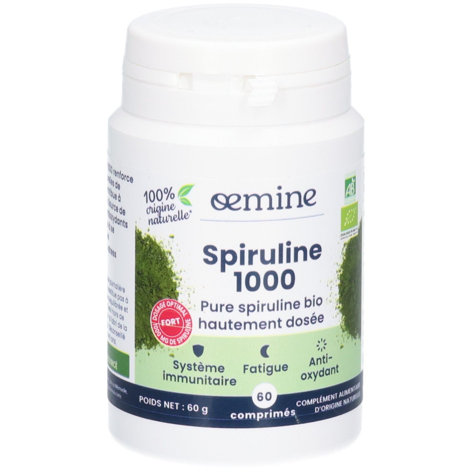 Pot blanc de comprimés de spiruline, 60 unités. Certifié bio.