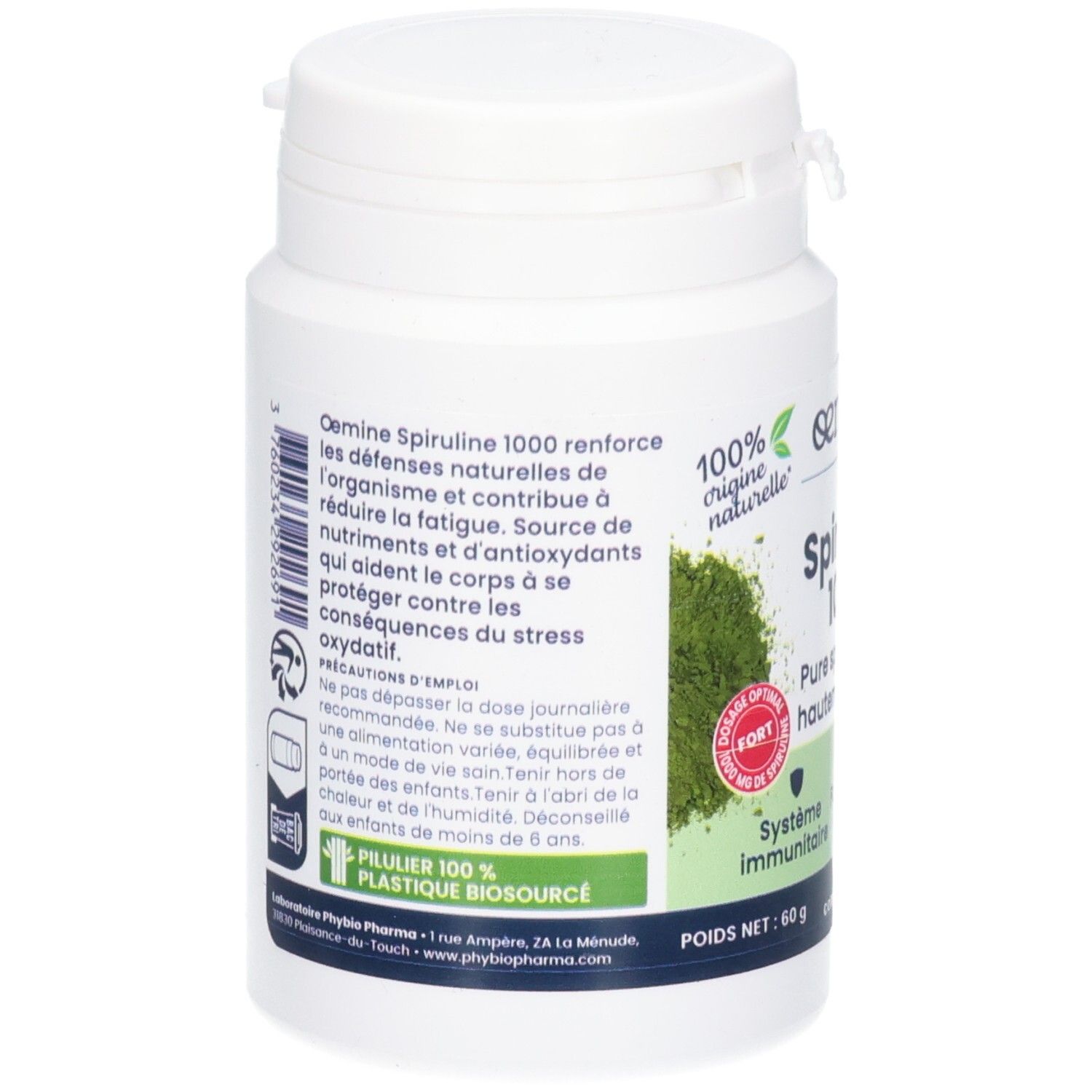 Arrière d'un pot de comprimés de spiruline. Contient des informations produit et un label bio.