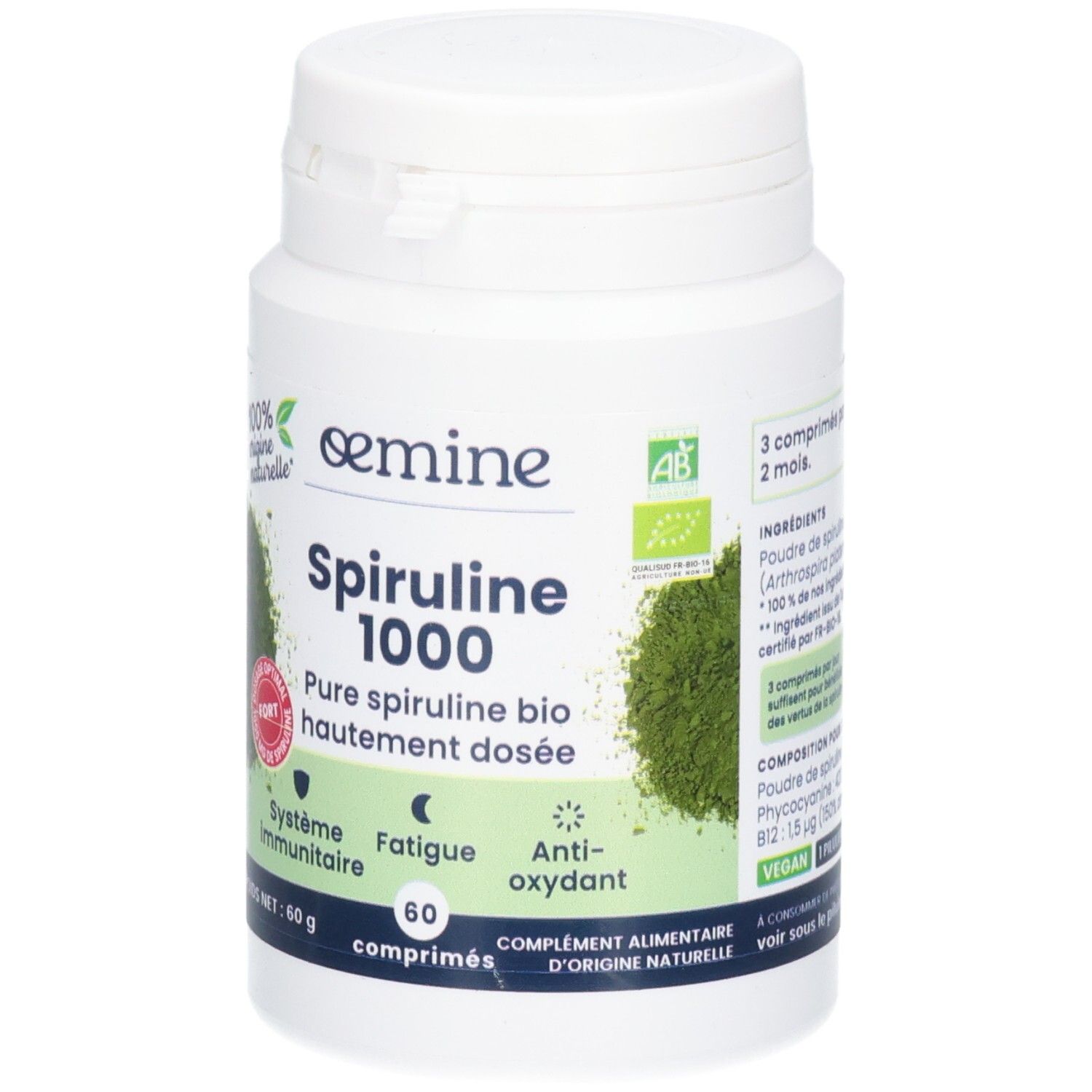 Avant d'un pot de comprimés de spiruline. Certifié bio, 60 unités.