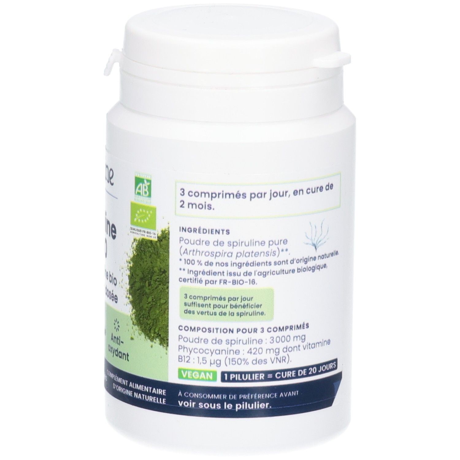 Arrière d'un pot de comprimés de spiruline. Informations sur les ingrédients et label vegan.