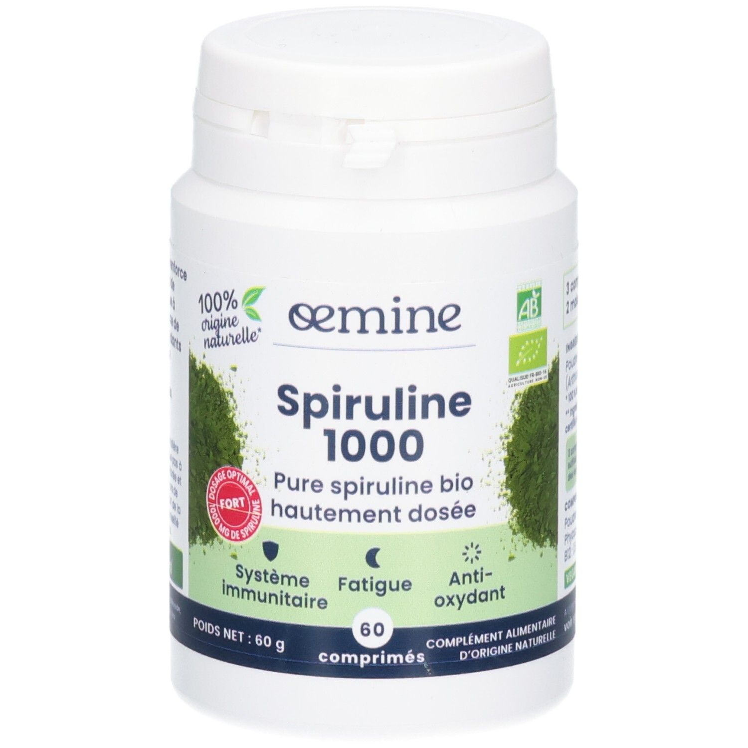 Pot blanc de comprimés de spiruline, 60 unités. Contient des labels bio et vegan.