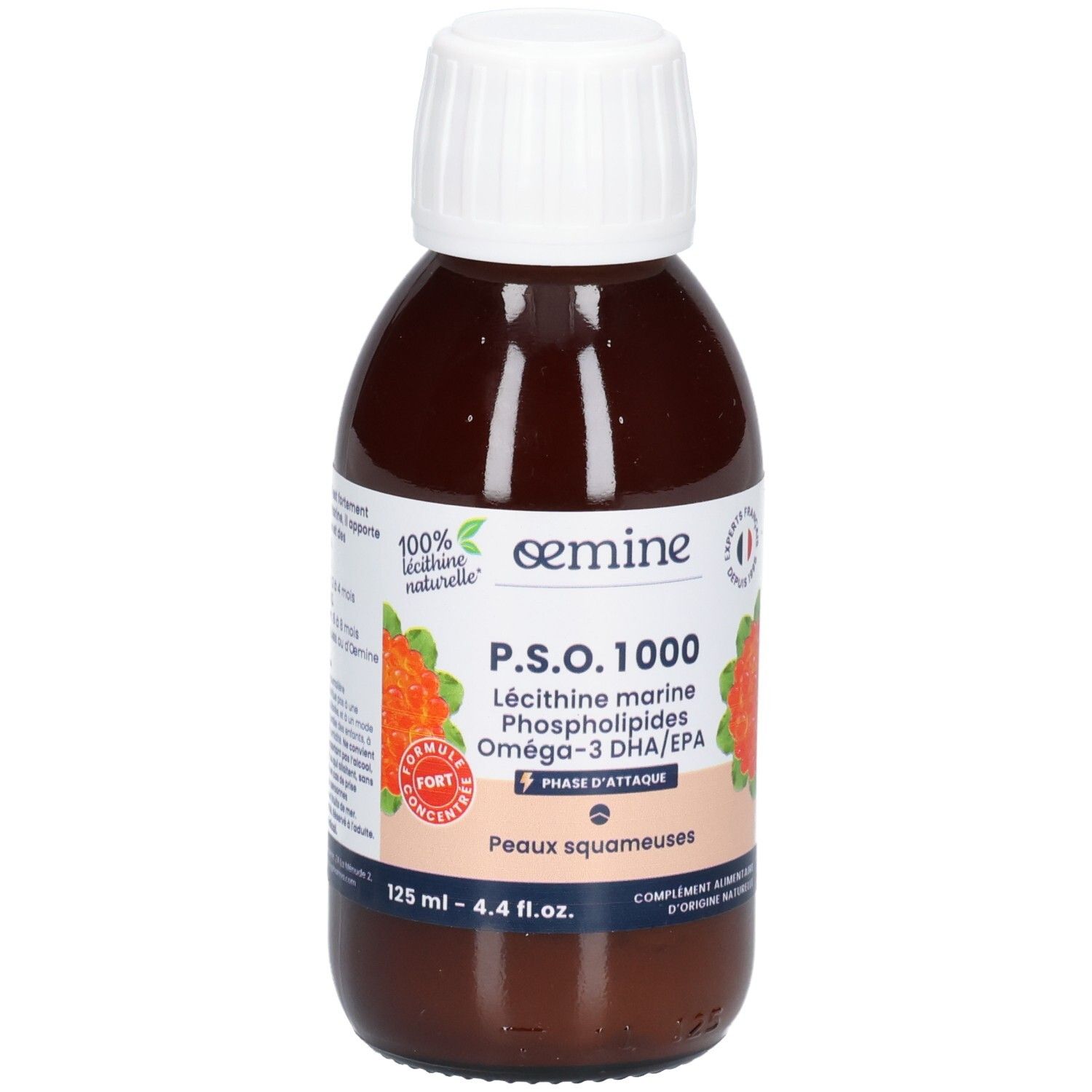 Flacon en verre brun avec bouchon blanc, étiquette informative et capsules orange.