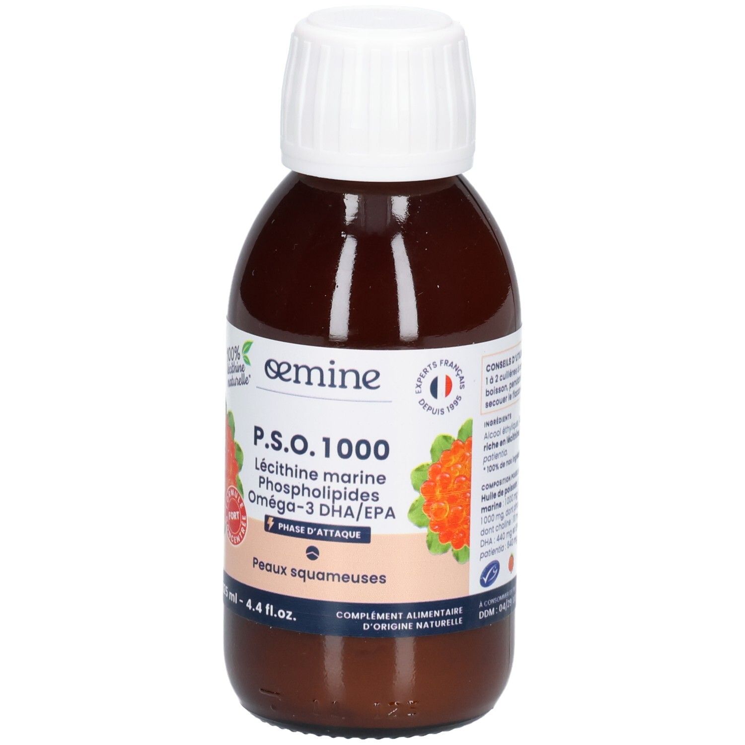 Flacon en verre brun avec bouchon blanc, étiquette indiquant le nom du produit et capsules orange.