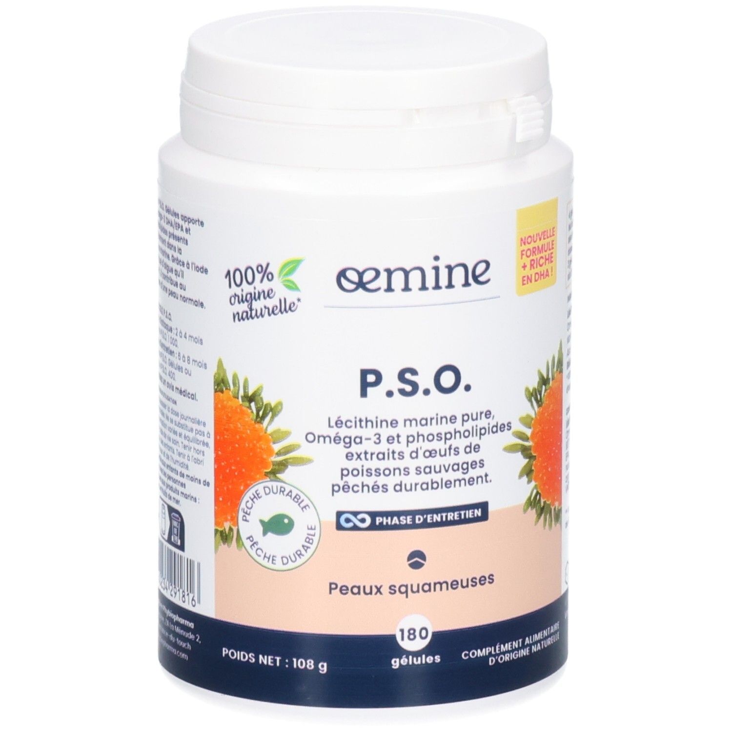 Pot blanc de 180 gélules Oemine P.S.O. à base de phospholipides marins Oméga-3.