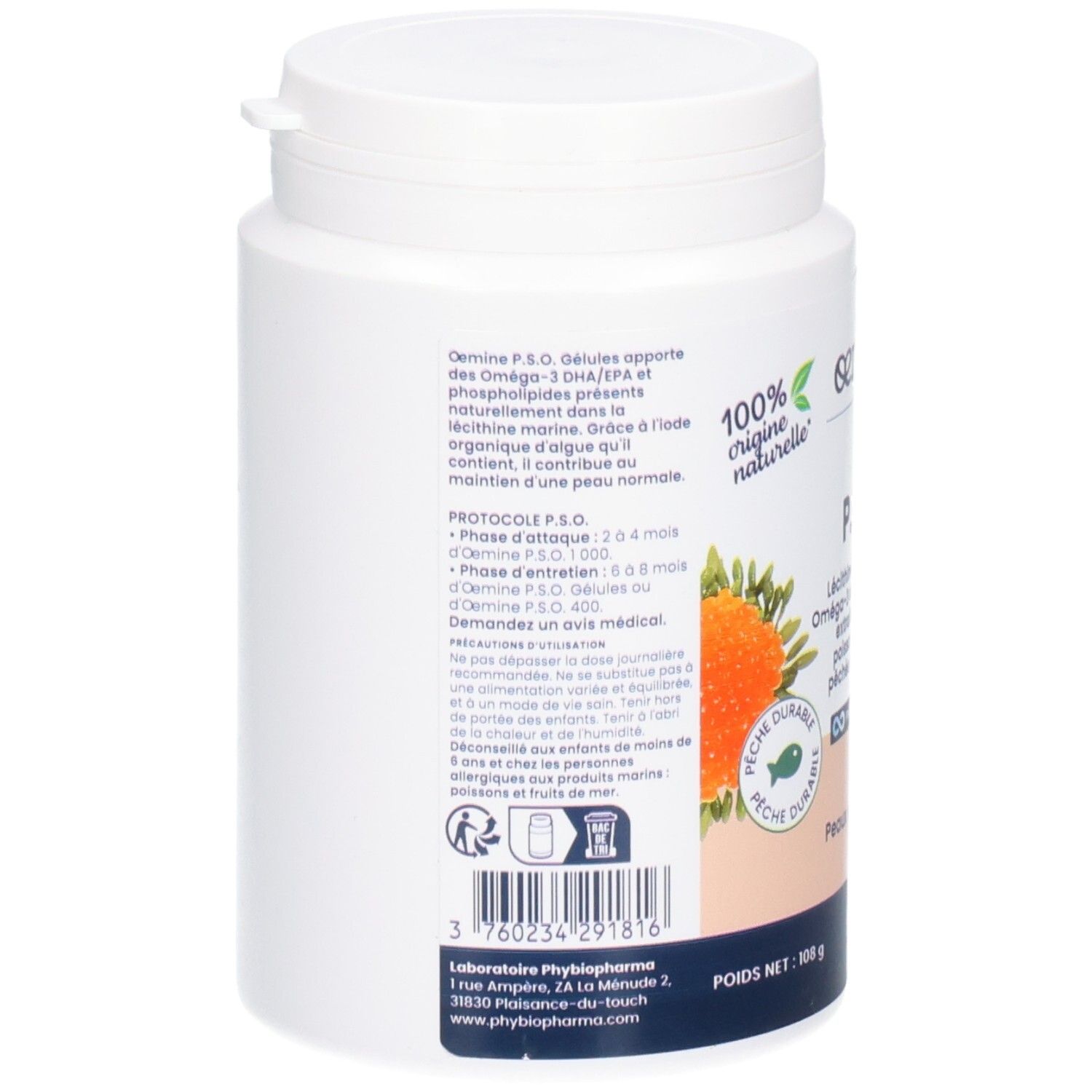 Arrière d'un pot blanc de 180 gélules Oemine P.S.O. avec informations sur les ingrédients.