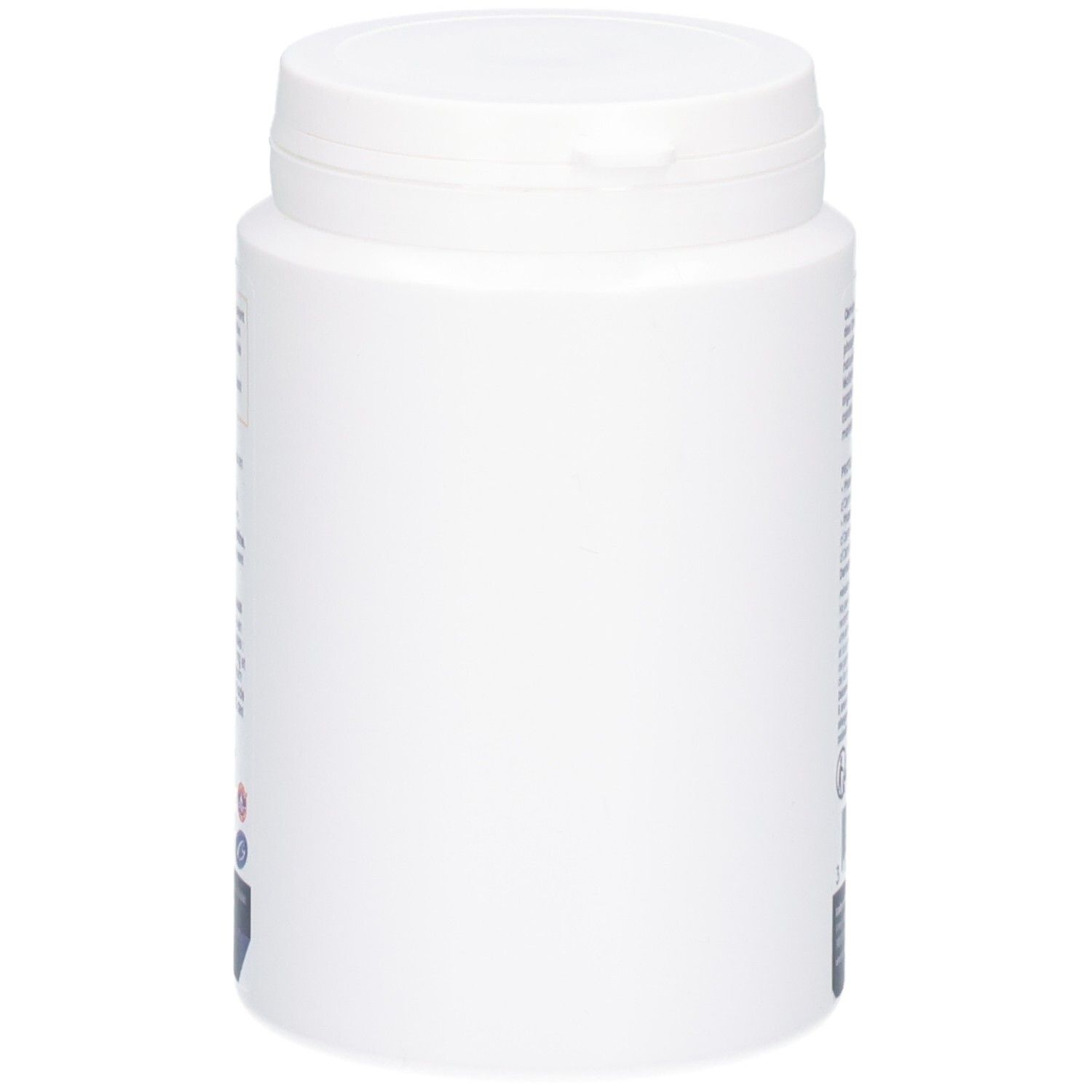 Côté d'un pot blanc de 180 gélules Oemine P.S.O. Récipient lisse avec un couvercle blanc rabattable.