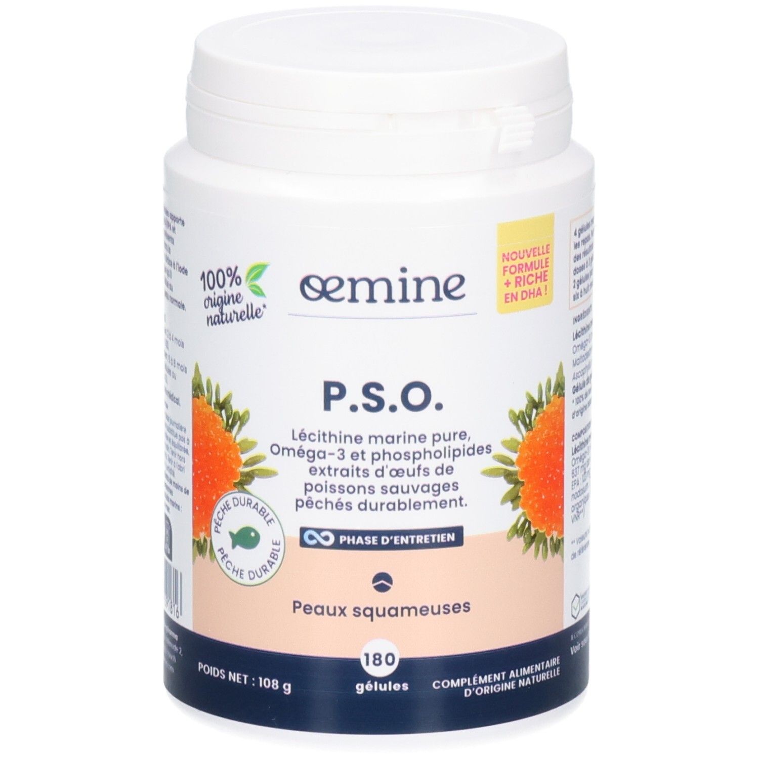 Avant d'un pot blanc de 180 gélules Oemine P.S.O. Étiquette : 180 gélules, lécithine marine Oméga-3.