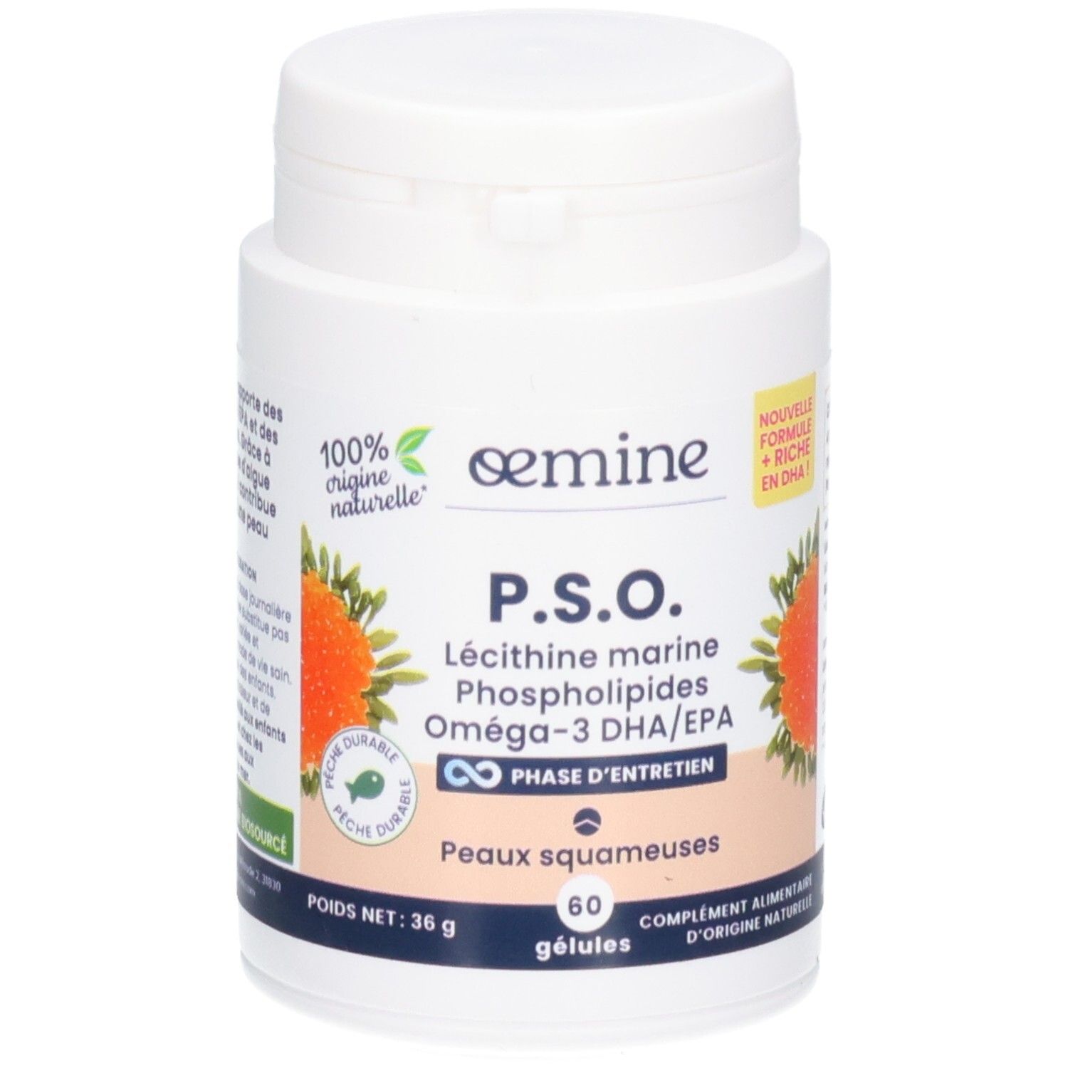 Gélules Oemine PSO: Lécithine marine, Oméga-3 DHA/EPA pour peaux squameuses. 60 gélules.